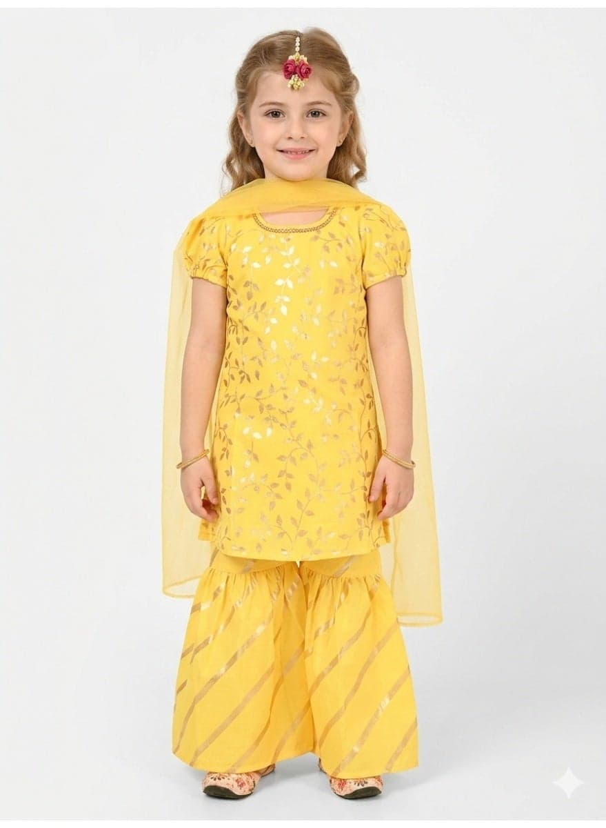 Floral Printed Kurta with Sharara and Dupatta for Girls