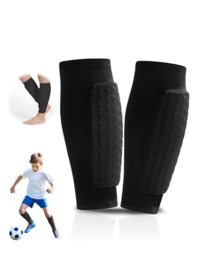 2 Pcs Soccer Shin Guards for Kids, Youth & Adults – Lightweight Calf Compression Sleeves with Honeycomb Impact Pads – Shin Defender for Football, Baseball, Basketball, Taekwondo – Anti-Slip Design, Protective Gear – Size L – Black