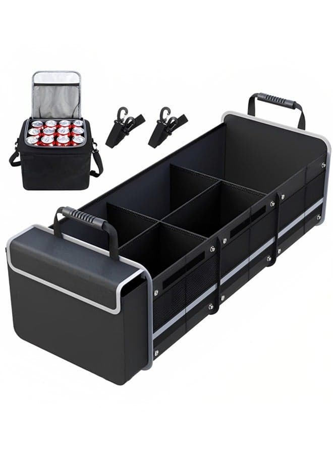 Car Trunk Organizer,Collapsible Multi-Compartment Car Organizers,Large Foldable SUV Car Storage Backseat Waterproof/Dust-proof Trunk Organizer with Insulated Leakproof Cooler Bag (Black)