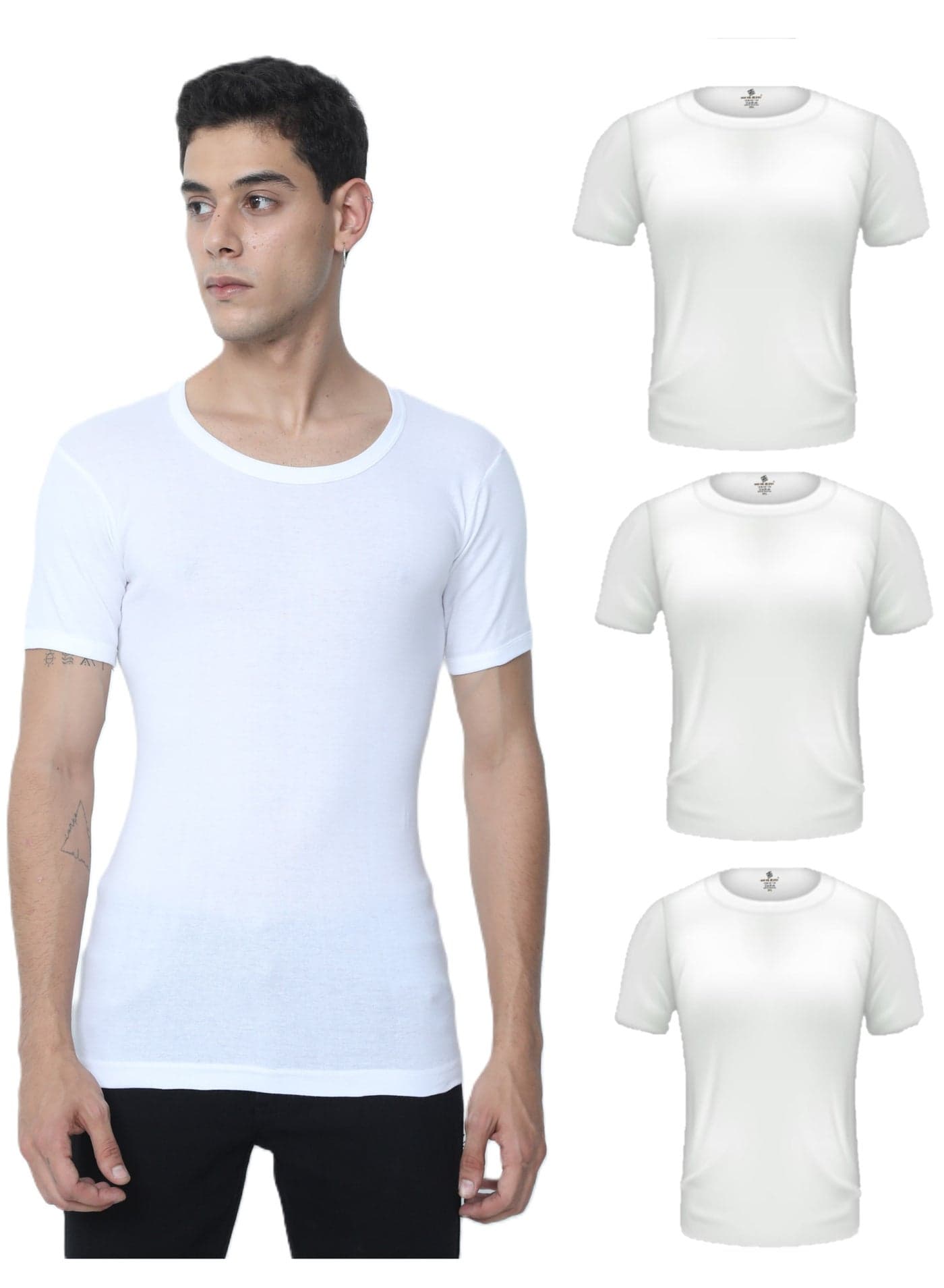 Premium Organic 100% Cotton Super Combed Mens Vest Undershirt Inner Half Sleeve Seamless Soft Breathable Light Finest Yarn White Pack of 3