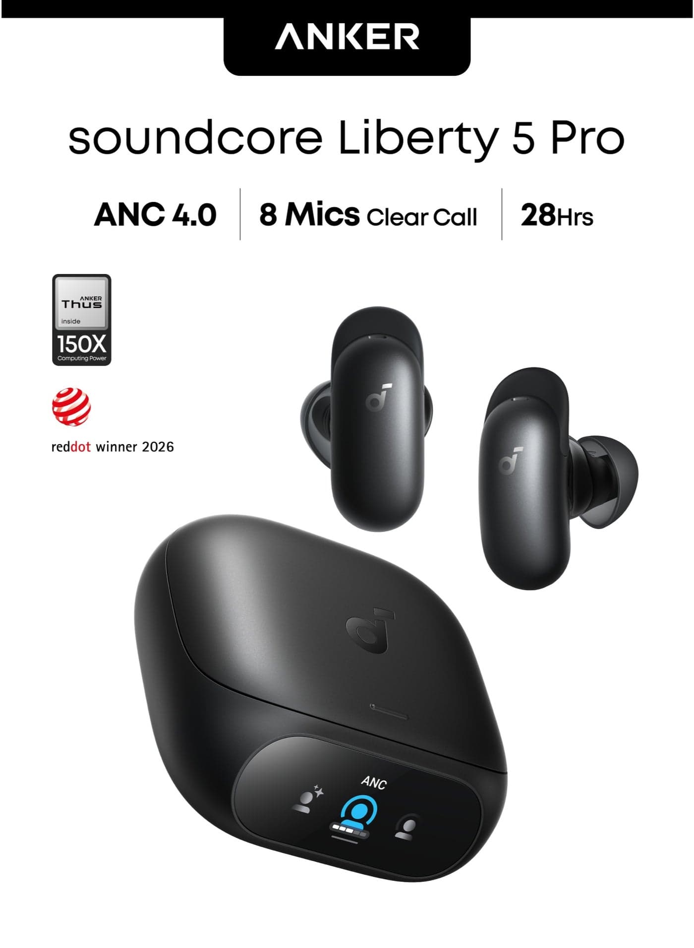 Anker soundcore Liberty 5 Pro, ANKER Thus™ AI Chip, World's Clearest Calls, Noise Cancelling Earbuds, Wireless Earbuds, ANC On 6.5H / 28H Playtime, 5 Mins Charge = 4 Hrs Playtime, Wireless Charging Midnight Black