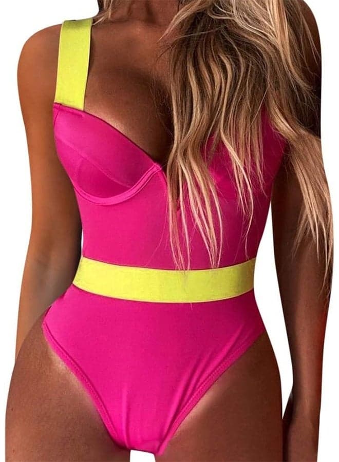 Swimsuit Women Medium Size Push Up Bra Neon Bandage Swimwear Bathing Suit Swimming Suit Pink / M(Bust 92-98/Waist 67/Hip 76)