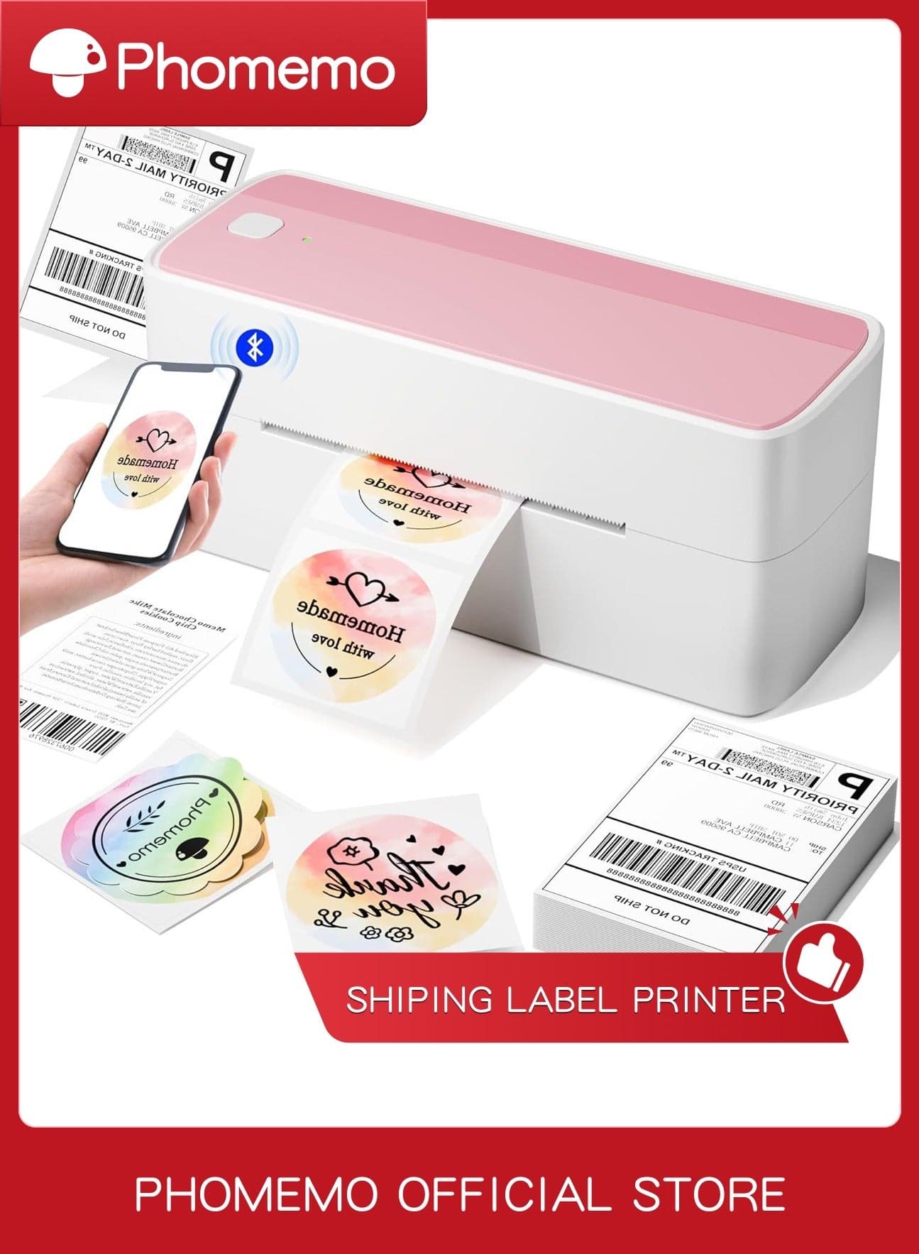 241-BT Bluetooth Thermal Label Printer, Wireless Shipping Label Printer for Small Business, Label Printer for Shipping Packages, Compatible with iPhone, Android .It contains 10 sheets of 4X6" white paper.(White+Pink)