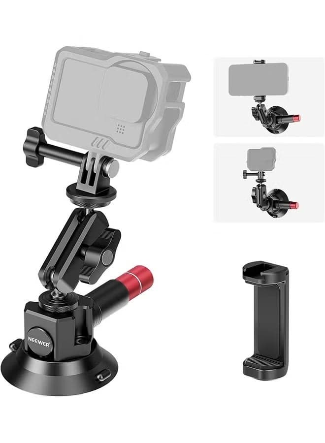 Neewer 3" Suction Cup Camera Mount Bracket with Ball Head Magic Arm, 1/4" ARRI Holes, Quick Release Car Mount with Phone Holder & Action Cam Adapter Compatible with iPhone DJI Insta360, CA104