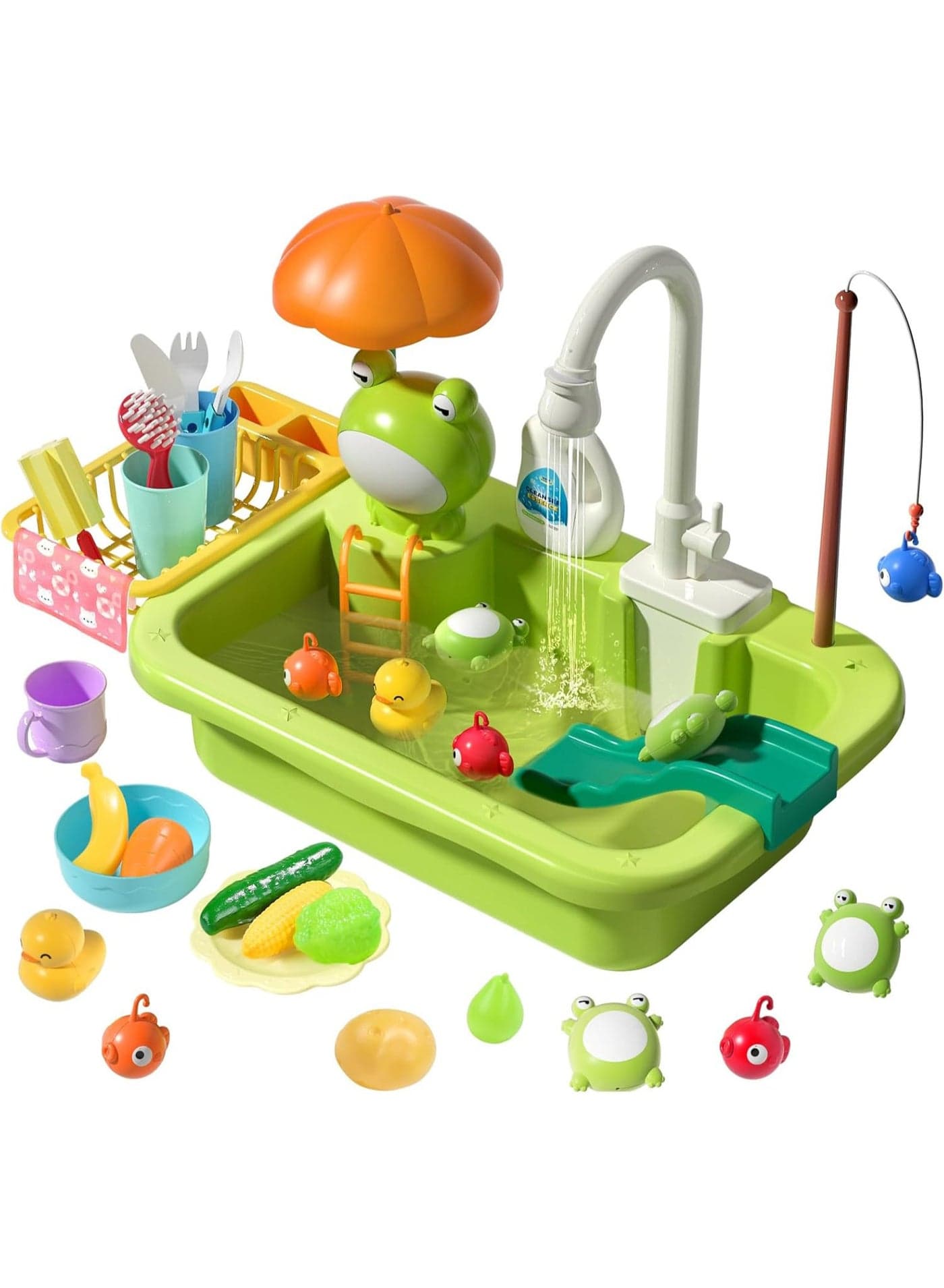 Play Sink with Running Water, Kitchen Sink Toys with Upgraded Electric Faucet, Play Kitchen Toy Accessories, Pool Floating Fishing Toys for Water Play, Kids Role Play Dishwasher Toy