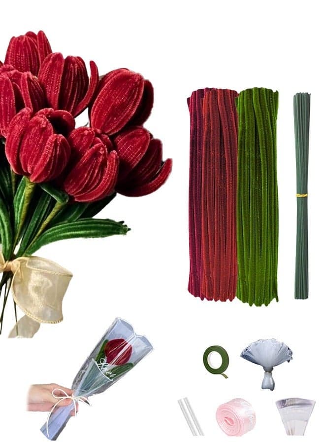 Rose Pipe Cleaners for Craft, Tulip Pipe Cleaners for Craft, 30cm Green and Red Pipe Cleaners, Fuzzy Sticks Craft Supplies, Chenille Stems with Flower Pole, Flower Core & Gardening Tape, Arts & Crafts for DIY(8 Flowers)