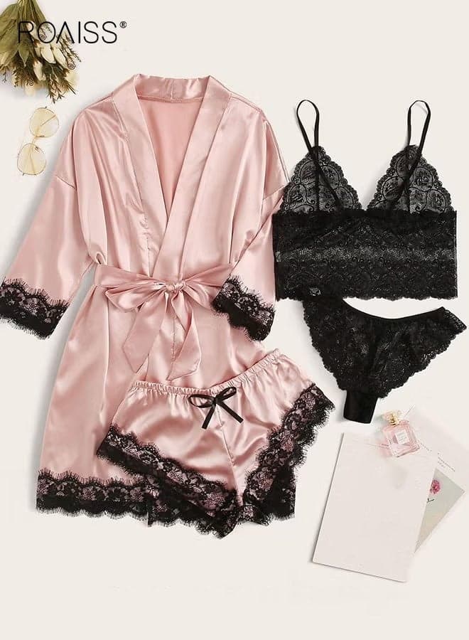 4 Pack Women's Nightwear Set, Lace Trimmed Lightweight Silk Satin Sleepwear Pajama, Ladies Summer Breathable Home Wearing Clothes Suits (Underwear + Panties + Robe + Shorts) Pink and Black