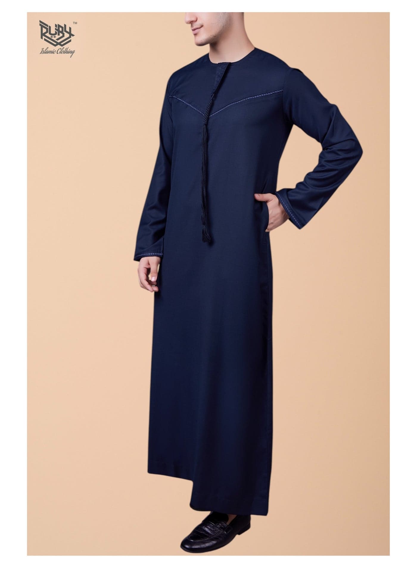 Traditional Emirati Navy Thobe with Tassel and Intricate Embroidery kandora jubba for men