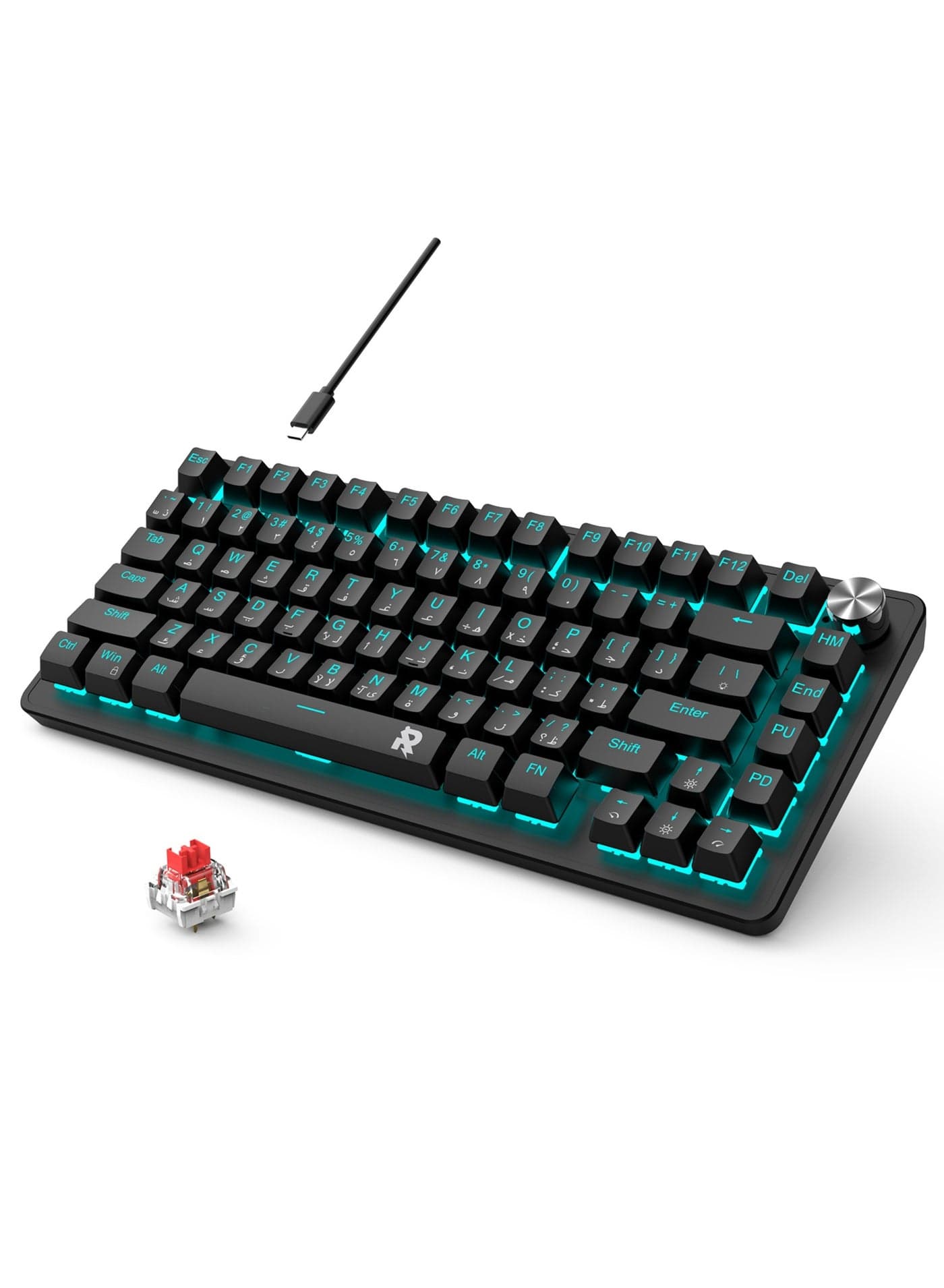 ROCK POW 70% Gaming Keyboard,Arabic English 82 Keys Mechanical Keyboard with Ice Blue Backlit 19 Modes,Volume Lighting Knob Wired Mini PBT Keycaps for PC Gaming and Working (Red Switch)Black