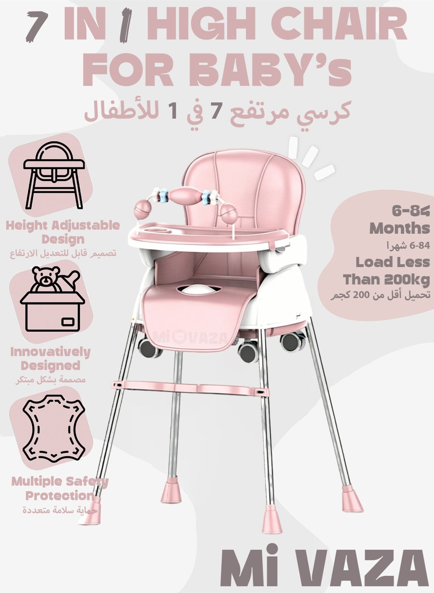 7 In 1 High Chairs For Babies And Toddlers, Convertible High Chair, Versatile, Easy Clean And Space Saver High Chair, Baby High Chair With Foot Rest And Adjustable Tray For Travel - Pink
