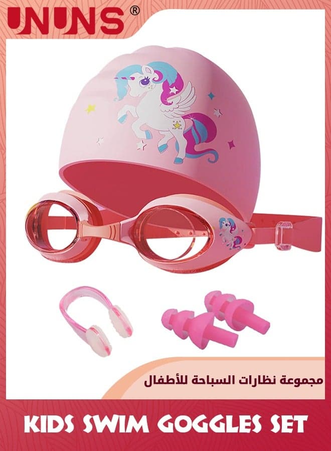 Kids Swim Goggles,Wide View Swimming Set With Swimming Cap For Boys Girls 3-14,Anti Fog 100% Uv Protection Goggles With Nose Cover,Connect Ear Plugs,No Leaking Goggles,Pink Unicorn