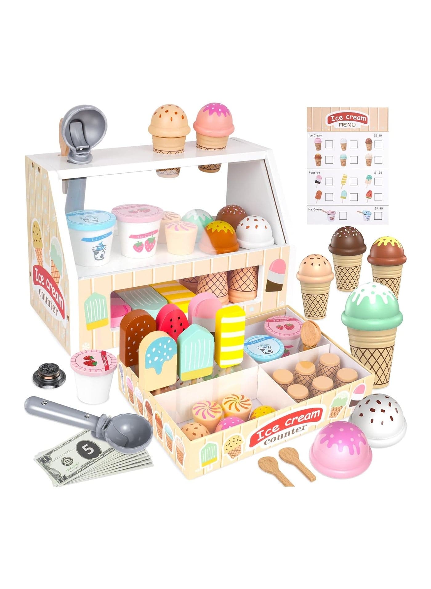 Wooden Ice Cream Counter Playset for Boys Girl Toys,Wooden Ice Cream Set,Play Store Pretend Toy Food Play Kitchen Accessories with Scoop & Fake Money,Toddler Ice Cream Shop Toys for Kids