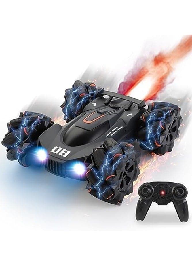 360° Stunt RC Car for Kids- Rechargeable Remote Control Toy with LED Lights, Exhaust Spray, Sound Effects, and All-Terrain Double-Sided Driving, Perfect for Boys and Girls Ages 3+
