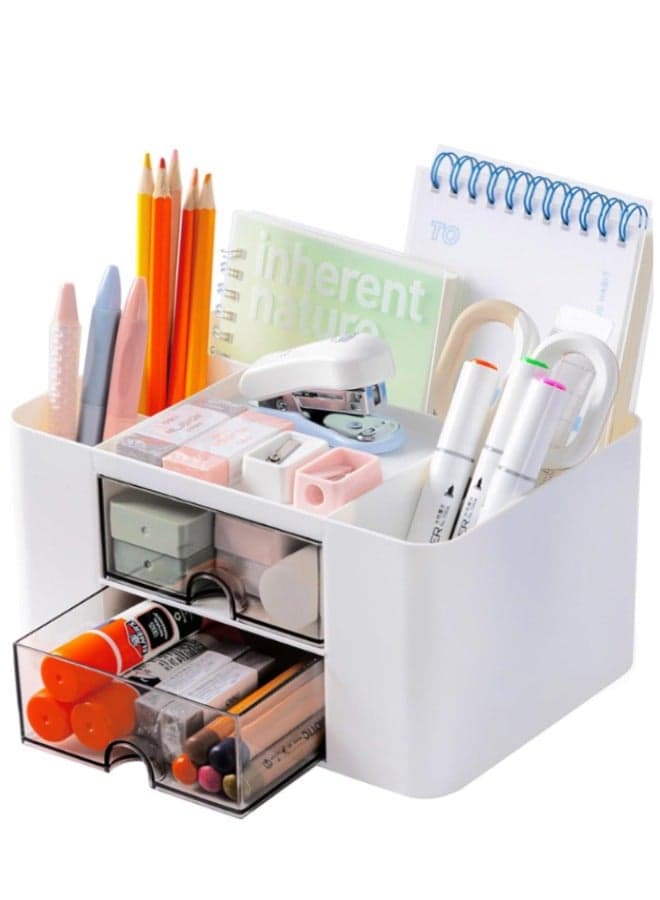 Pencil Pen Holder for Desk, Desk Organizer with 2 Drawers, Pencil Pen Holder for Desk Stationery Supplies Organizer Desk Organizers with 5 Compartments for Office Home School