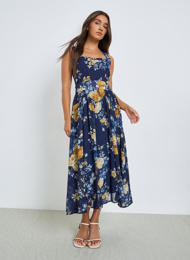 Navy Blue Floral Sleeveless A-Line Midi Dress