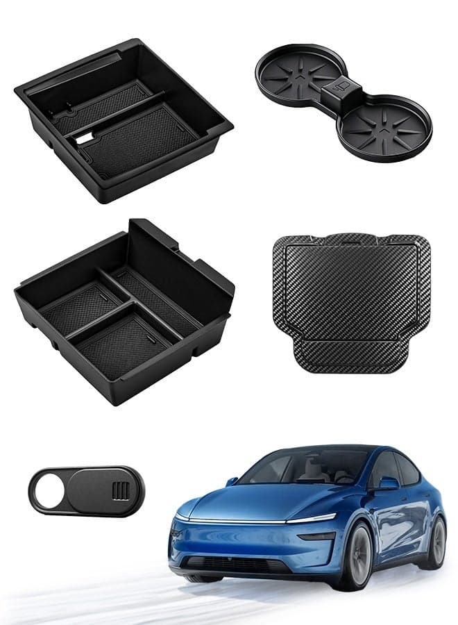 GEERTOP 5Pcs Center Console Organizer Set for Tesla Model Y Juniper & 2024 2025 Model 3 Highland,Center Storage Extra Storage Car Cup Holder Privacy Camera Cover,Durable and Easy to Install