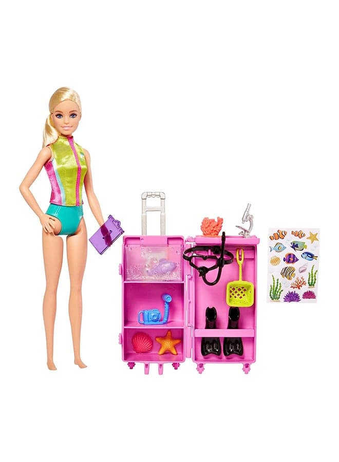 Marine Biologist Doll and Accessories, Mobile Lab Playset with Blonde Doll and 10+ Pieces