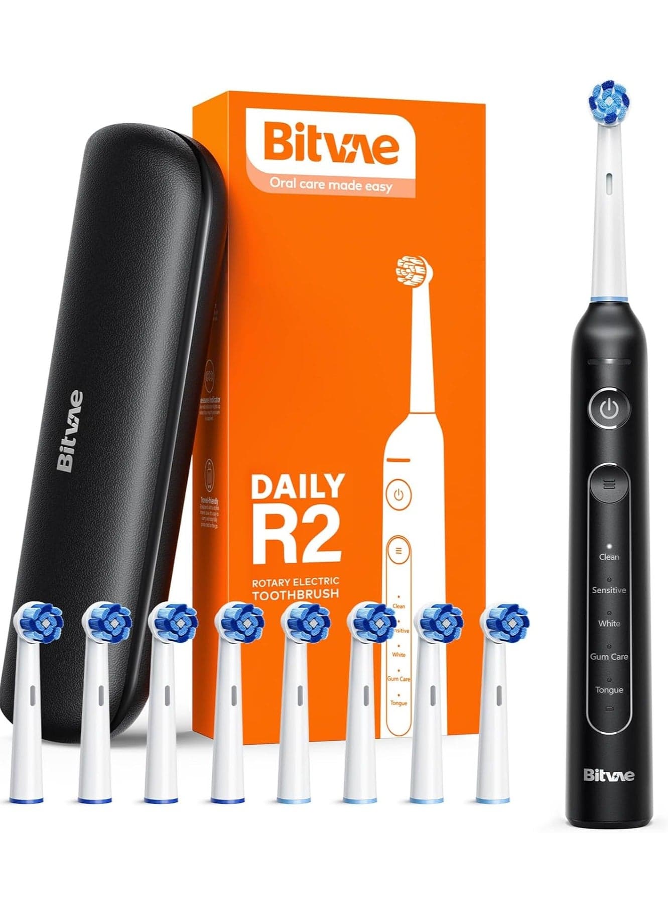 Bitvae R2 Rotating Electric Toothbrush for Adults with 8 Brush Heads, Travel Case, 5 Modes Rechargeable Power Toothbrush with Pressure Sensor, 3 Hours Fast Charge for 30 Days