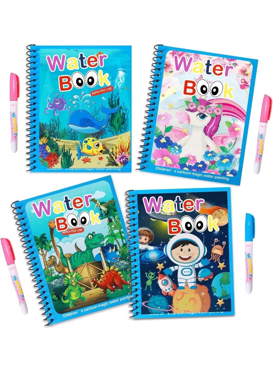 DMG 4 Pack Cartoon Water Coloring Magic Book With Water Pen, Toddlers Kids Reusable Painting Unicorn Animal Cartoon Coloring Book Boys Girls Educational Learning Toys Gifts