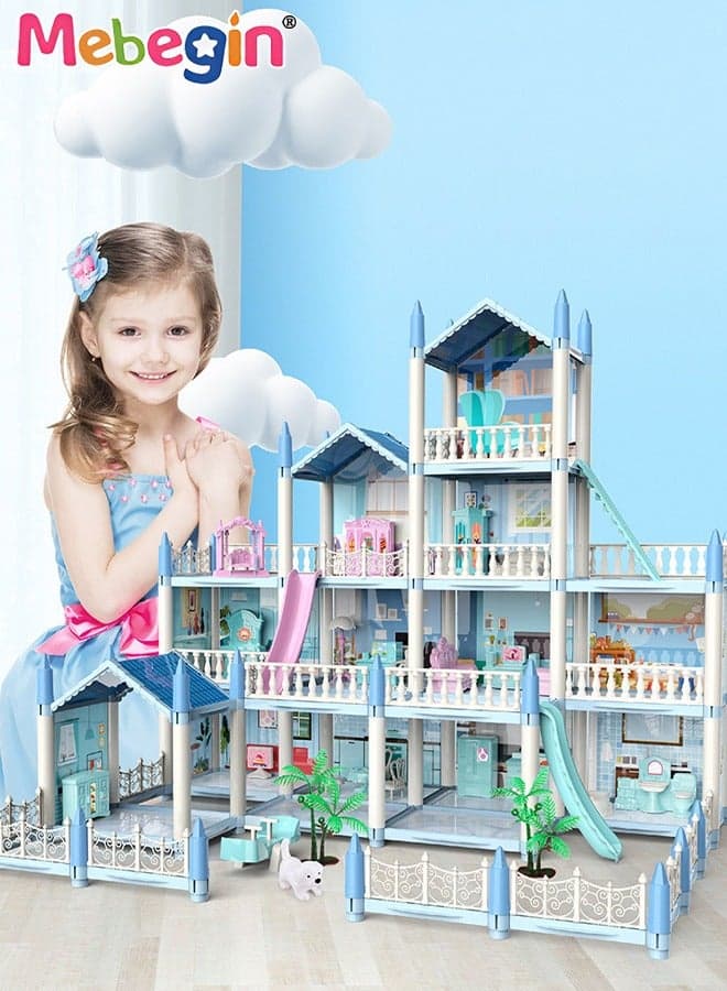 Dreamhouse Set with 4 Dolls, Rich Accessories and Furniture, Luxury Dollhouse with 14 Rooms and 4 Terraces, DIY Villa Building Toys, Educational House-building Set, Made of BPA-free, Non-toxic ABS Plastic, Easy to Install, Creative Gift for Kids