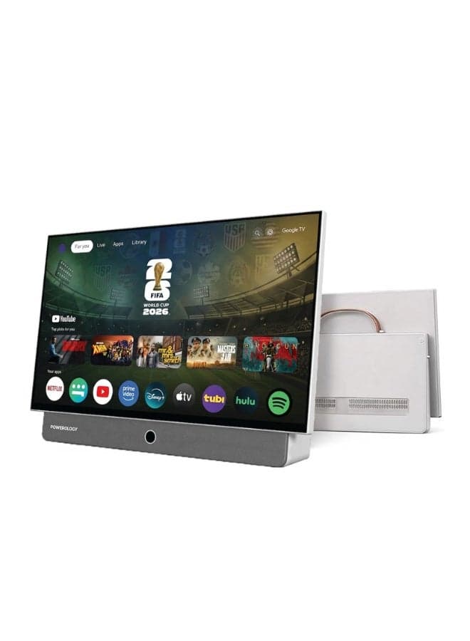 27 Inch Portable Smart TV with 1080p FHD Resolution, 7 Hours Watch Time, Android Smart Screen, Dual Speakers, Active Matrix LCD Display, Netflix, Google TV, YouTube, Shahid, for Home, Office, Outdoor, Bedroom - White