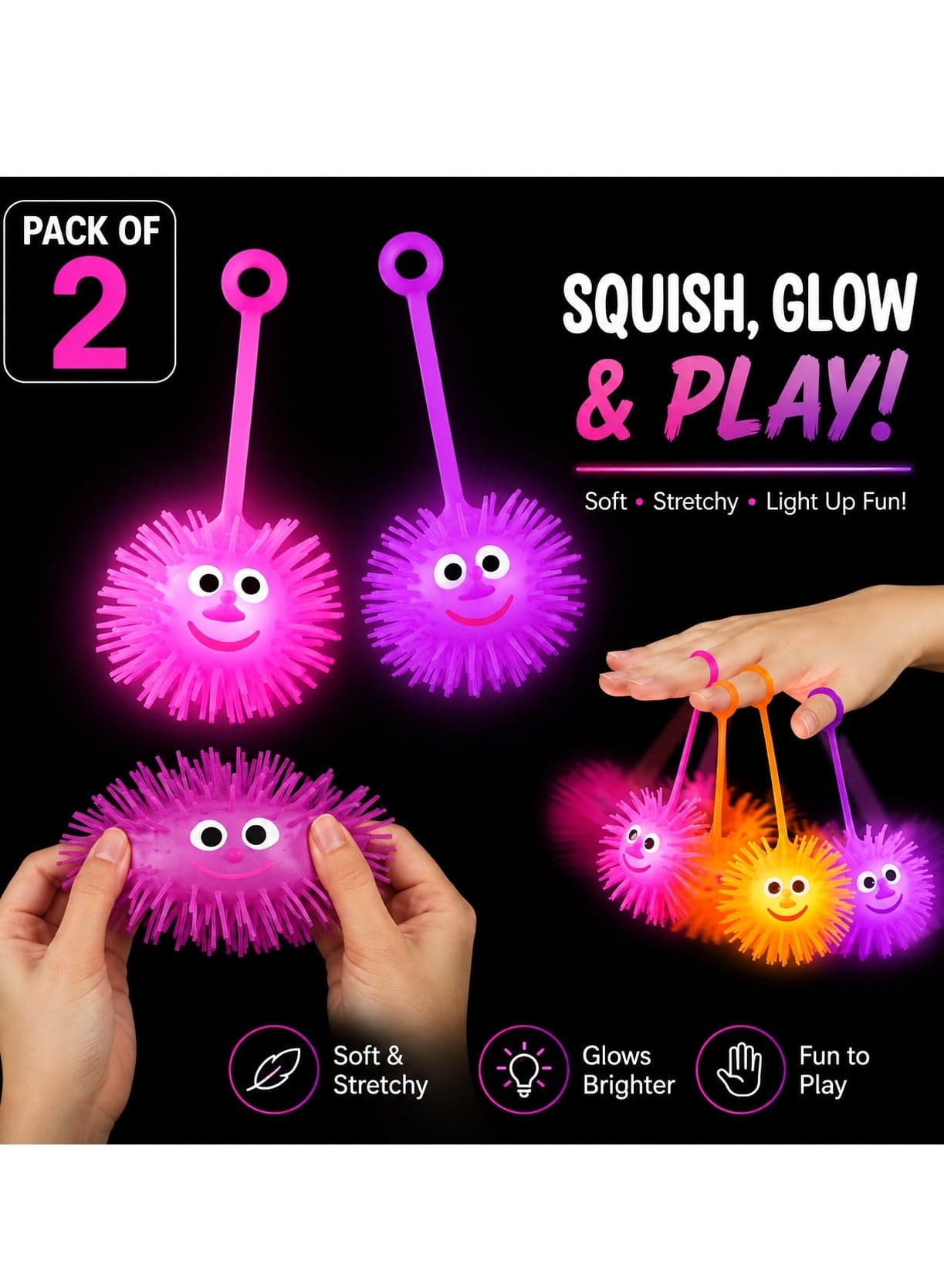 Pack of 2 Ball Stress Relief Ball, Light Up Glow in The Dark Sensory Squishy Stretch Ball with Smiley Face, Flashing Elastic Fidget Toy for Kids, Birthday Party Favor, Classroom Prize, Easter Basket Stuffer, Multi-Colour