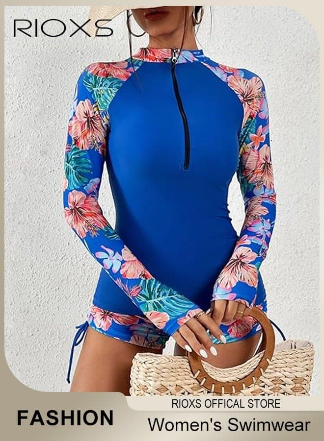 2PCS Rash Guard Long Swimsuit for Women, UV Block Zip Up Swimming Costume Set, Breathable Quick-dry Floral Print Bathing Suit Swimwear, Stretch UV Block Swim Shirt and Shorts, Suitable for Surfing, Diving, Swimming or Beach Activities