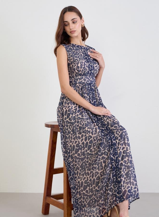 Blue All Over Print Sleeveless Maxi Dress