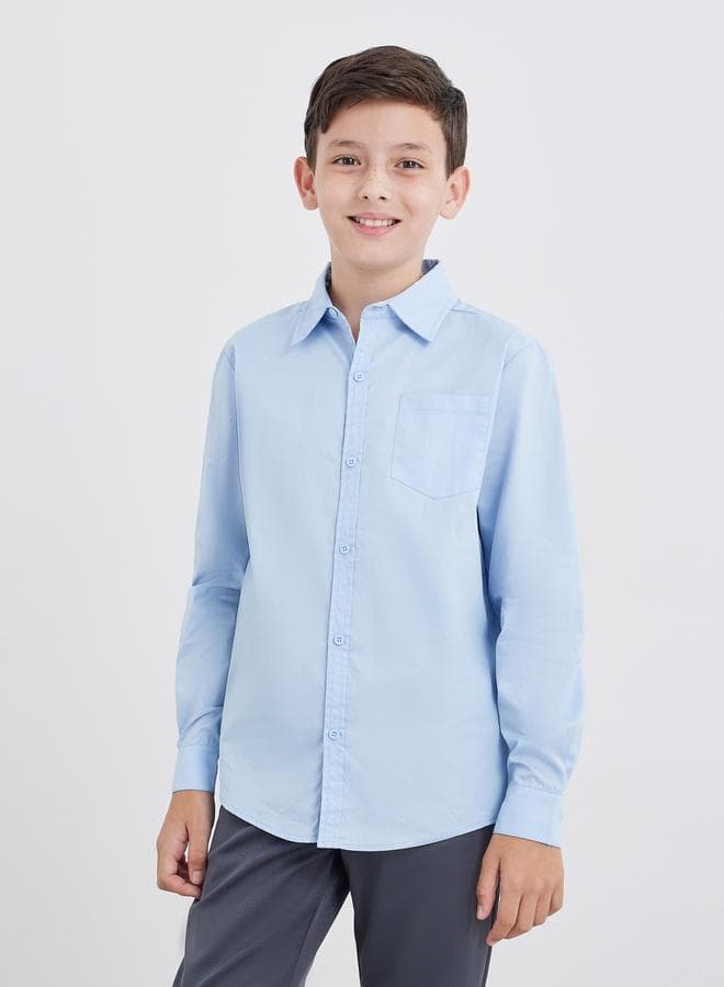 Boys School Uniform Light Blue Long Sleeves Shirt With Pocket