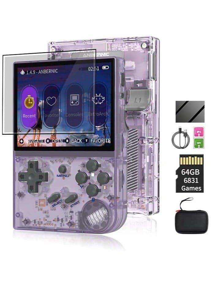 ANBERNIC RG35XX New Retro Handheld Game Console Linux System HDTV Output 3.5 Inch IPS Screen 64G TF Card 5500+ Classic Games 2600mAh Battery Purple