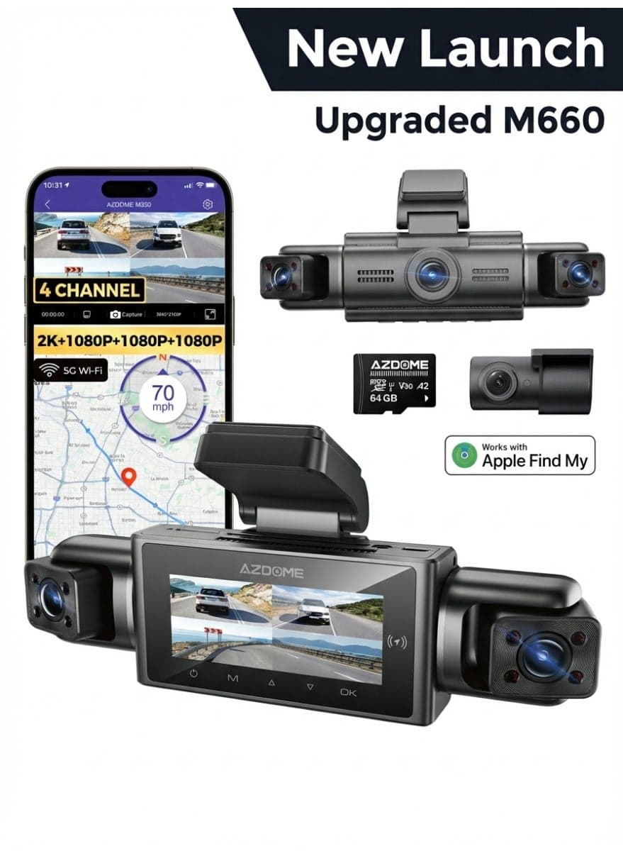 M350 (Upgraded M660) 4-Ch Dash Cam with 2K Front + 1K Rear + 1K+1K Interior, with Apple Find My, Super Capacitor, Advanced Image Sensor, GPS, 5G Wi-Fi, Voice Control, Apple Find My, 24H Parking Monitor