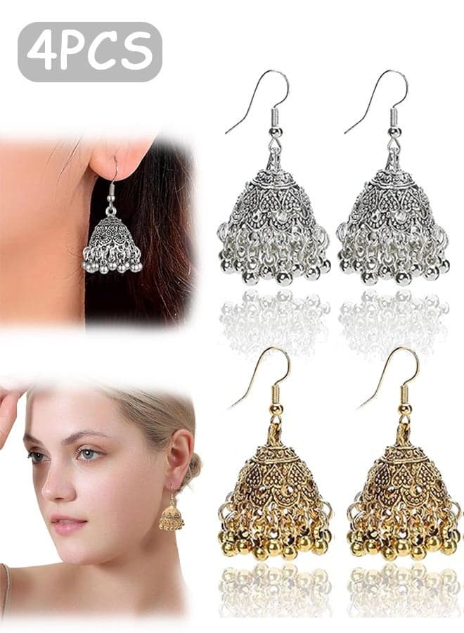 4 PCS Vintage Earrings, Traditional Gold Plated Silver Earring, Handcrafted Ethnic Jewelry Party Wedding Accessories