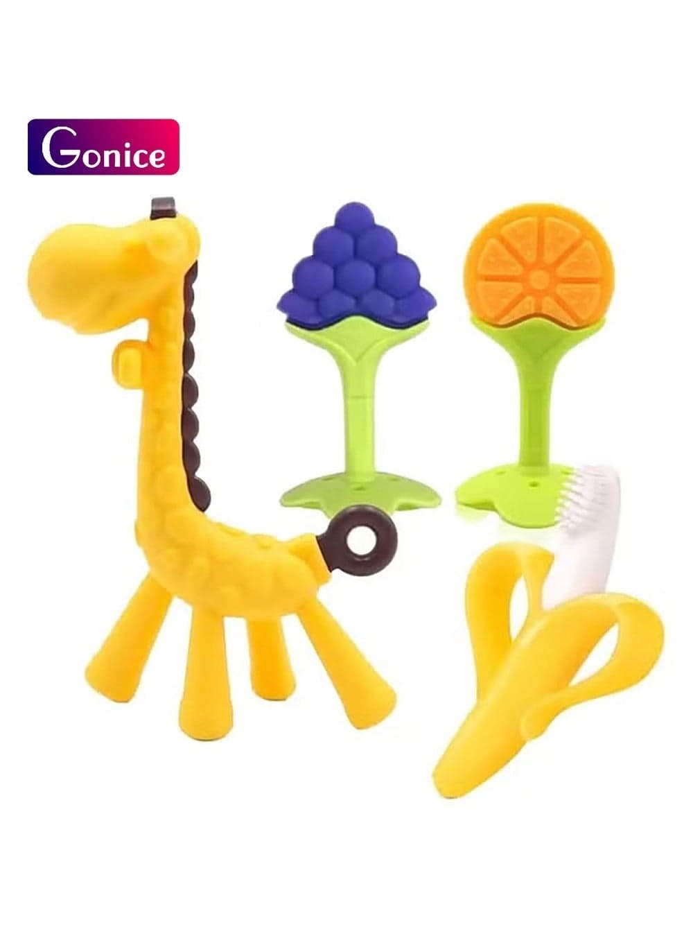 4Pcs Baby Teething Toys 3-6 Months, Silicone Baby Teether Freezer BPA Free, Babies Teething Relief Sore Gums, Banana Toothbrush, Fruit Shape Giraffe Newborn Teether Gift for Infant Boy and Girl