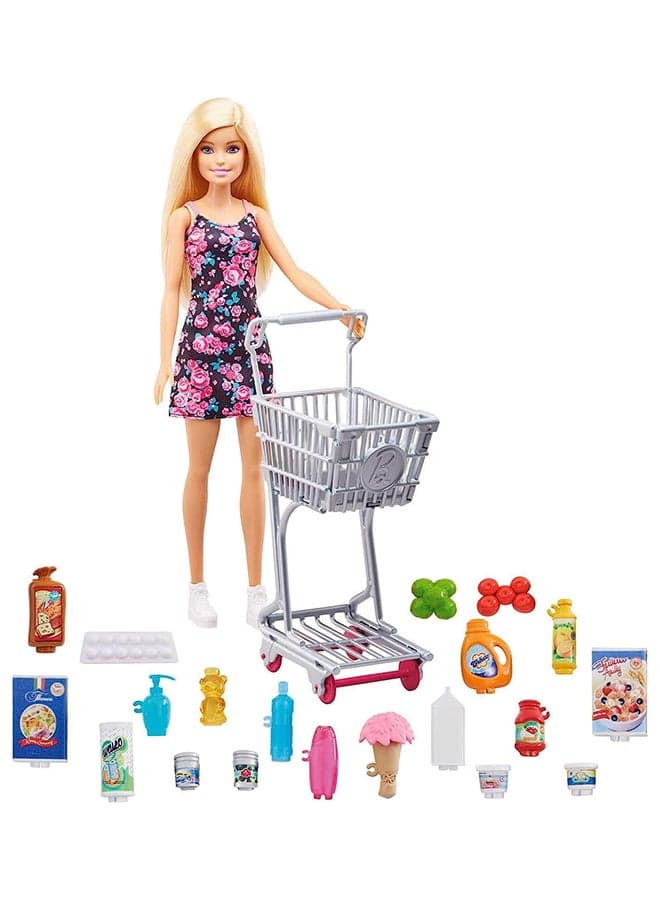 Doll and Supermarket Set, with Shopping Cart and 20 Pieces, 3 to 7 Year Olds