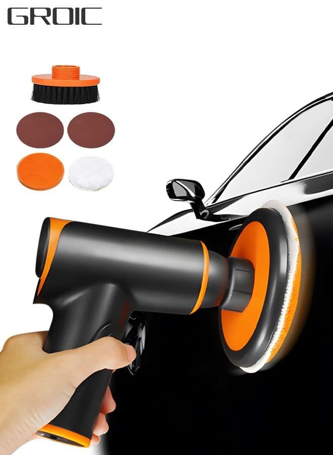 6 PCS Cordless Car Buffer Polisher Kit, Mini Power Sander Tool Set with 1 Dust-Removing Brush Tray, 2 Grinding Disc, 1 Plush Polishing Disk, 1 Waxing Sleeve for Car Detailing/Waxing/Scratch Repair