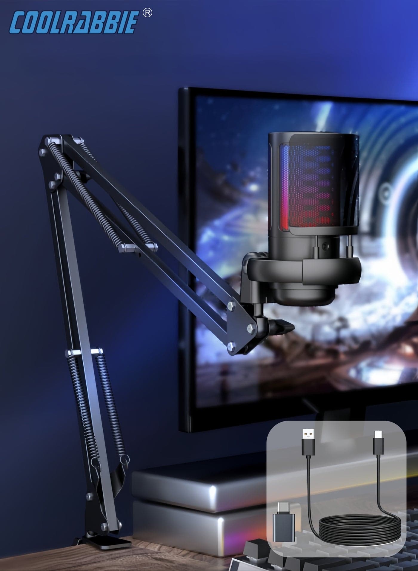 Gaming Microphone With Boom Arm, USB PC Mic for Podcasts Videos, Streaming, Condenser Mic with Quick Mute, Tripod Stand, Pop Filter, RGB Indicator, Shock Mount, Rotate gain button, Compatible with PS4/PS5/PC