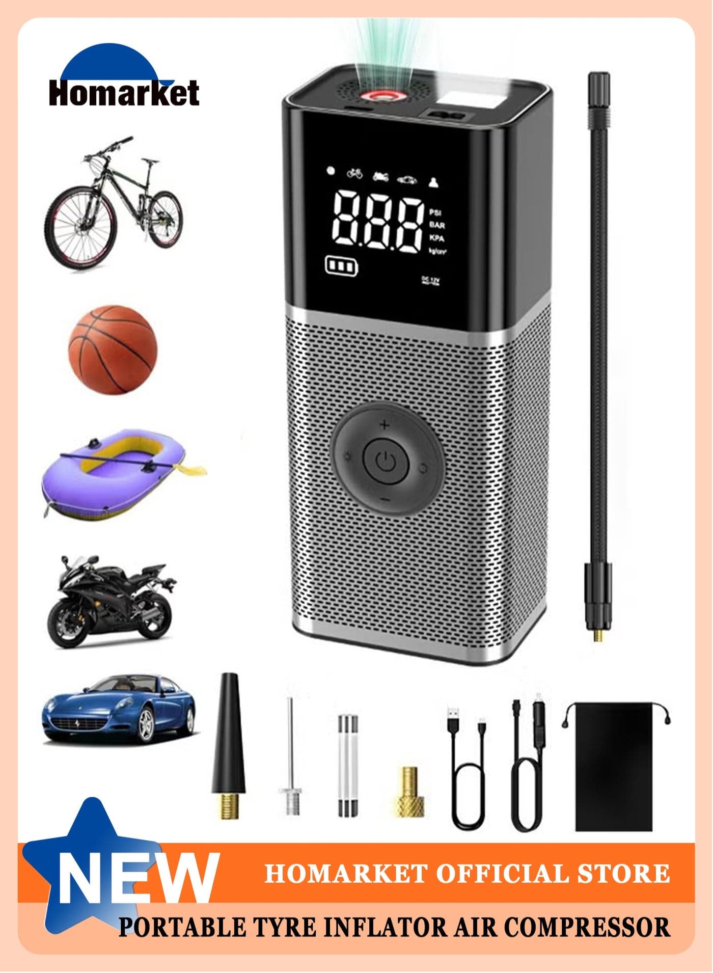 Portable Tyre Inflator Air Compressor ,22mm Cylinder Electric Tire Inflator with 6000mAh Battery/Digital Display/LED Light,150PSI Strong Cordless Air Pump for Car,Bike,Truck,Motorcycle,Ball,kayak