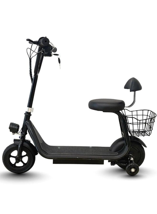 kids electric scooter with seat foldable LCD display front basket adjustable height blue black ages 4 to8