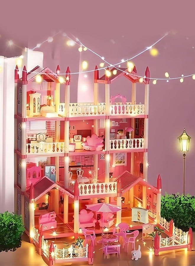 4 Floors Huge Dollhouse Play Set with 14 Rooms 4 doll 2 Color Light Strips with Lights to Assemble Kitchen, Bedroom, Furniture, Garden,Pets DIY Pretend Play Doll House for Girls Pink