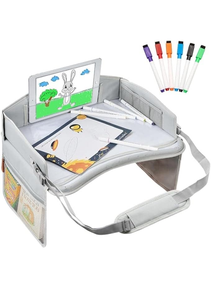 Kids Travel Tray,Car Seat Tray for Kids Travel,Carseat Table For Kids Road Trip Activities with Storage Pockets & Dry Erase Board,Sturdy and Durable,for Kids Road Airplane Trip Activity