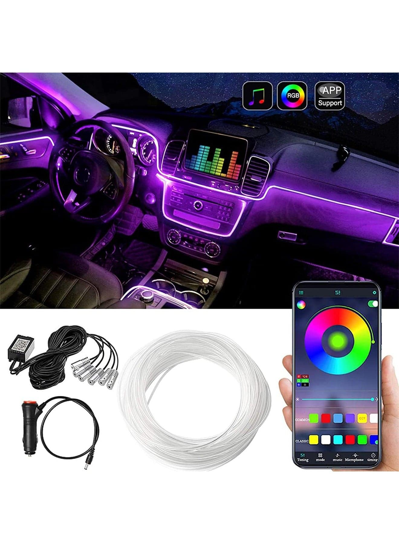 Car LED Strip Lights Multicolor RGB Car Interior Lights 16 Million Colors with Fiber Optic Ambient Lighting Kits Sound Active Function and Wireless Bluetooth APP Control Enhance Visibility & Style with Advanced LED Technology