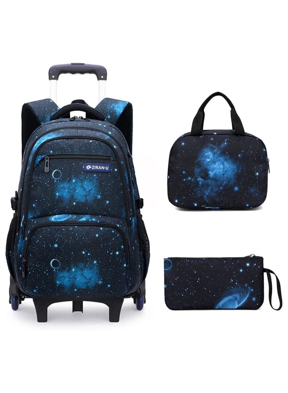 Rolling School Bag with Lunch Bag Teens Bookbag with Wheels Kids Trolley Bag Set for School Boys Girls, Six Wheels,19 Inch, (Blue Galaxy)