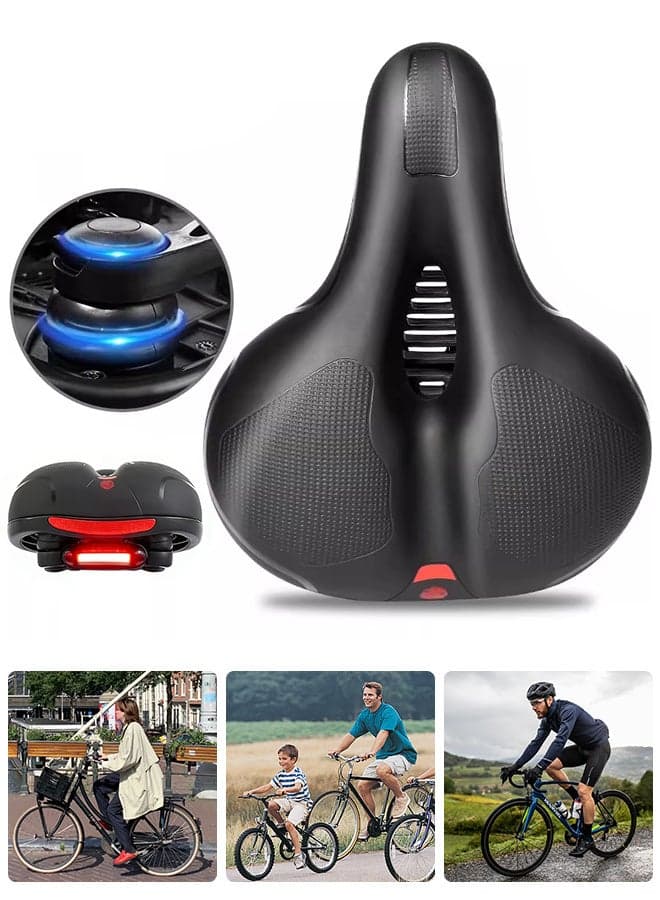 Comfort Bike Seat with Rear LED Safety Light Waterproof Shock-Absorbing Ergonomic Revere Memory Foam Wide Saddle for Road, Mountain, Cruiser & Exercise Bikes 26*21cm