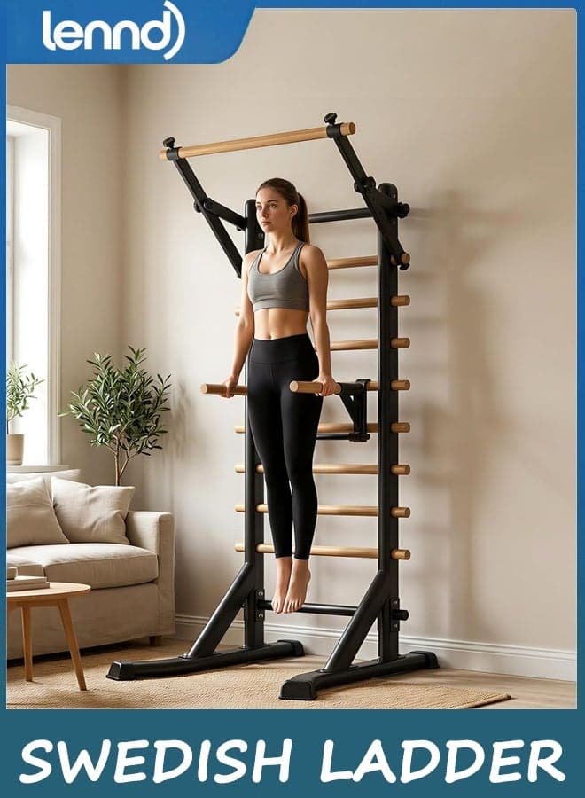 Swedish Ladder, Free-standing Wood Stall Bar, Multi-functional Fitness Equipment with Adjustable Pull Up and Dip Station for Stretching and Various Exercises