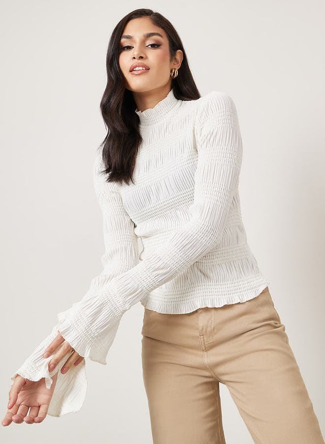Textured High Neck Fitted Knit Top With Flute Sleeve