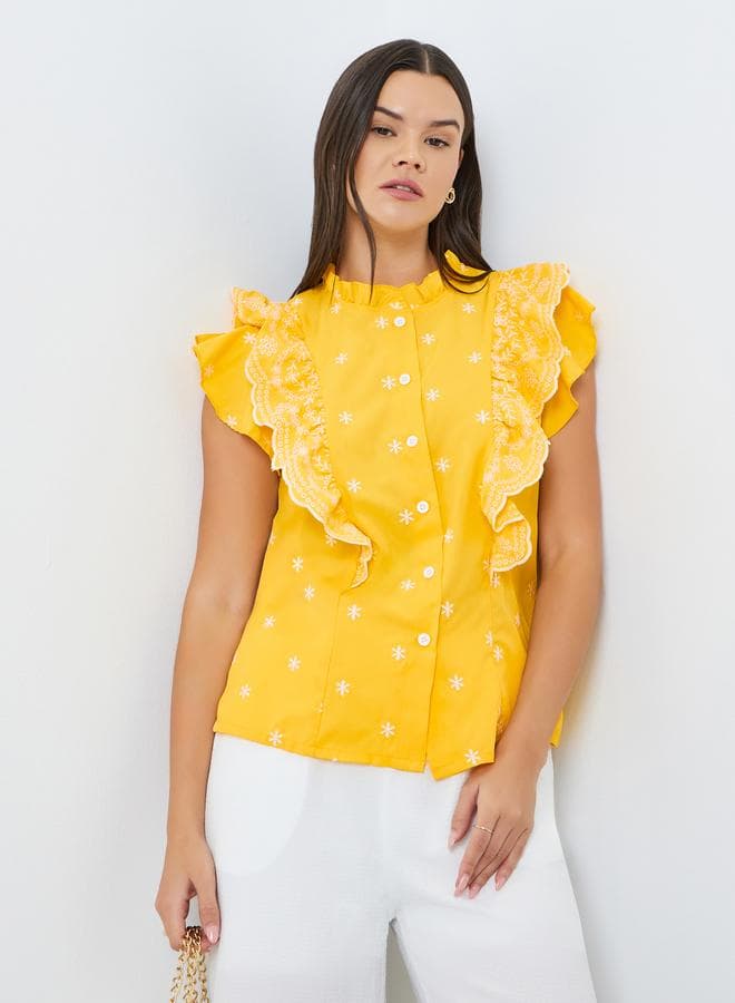 Yellow Embroidered Ruffle Sleeveless Top