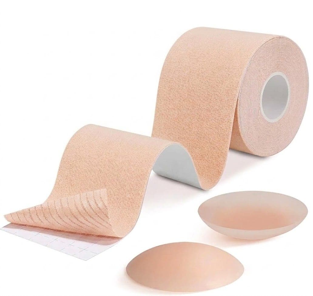 5M Extra-Long Breast Lift Tape with 2 Reusable Nipple Covers – Waterproof, Skin-Friendly, Strapless Adhesive Tape for Backless, Plunge, or Off-Shoulder Outfits