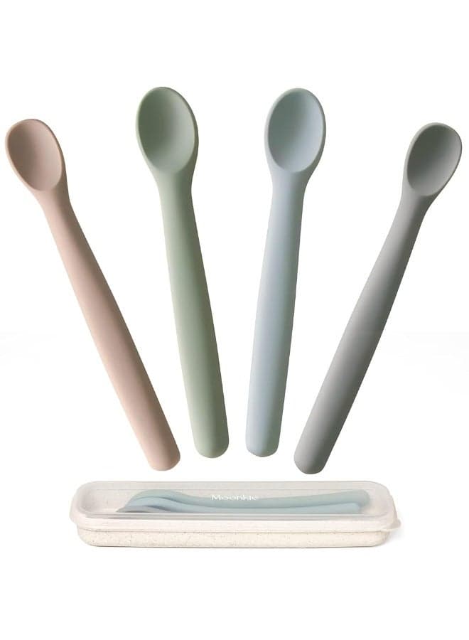 Moonkie Silicone Baby Spoons Set of 4, Two Sizes Feeding Spoon for First Stage 4+ Months, Baby Utensils with Case, Toddler Led Weaning Spoons, Bendable, Chewproof & Boil-proof