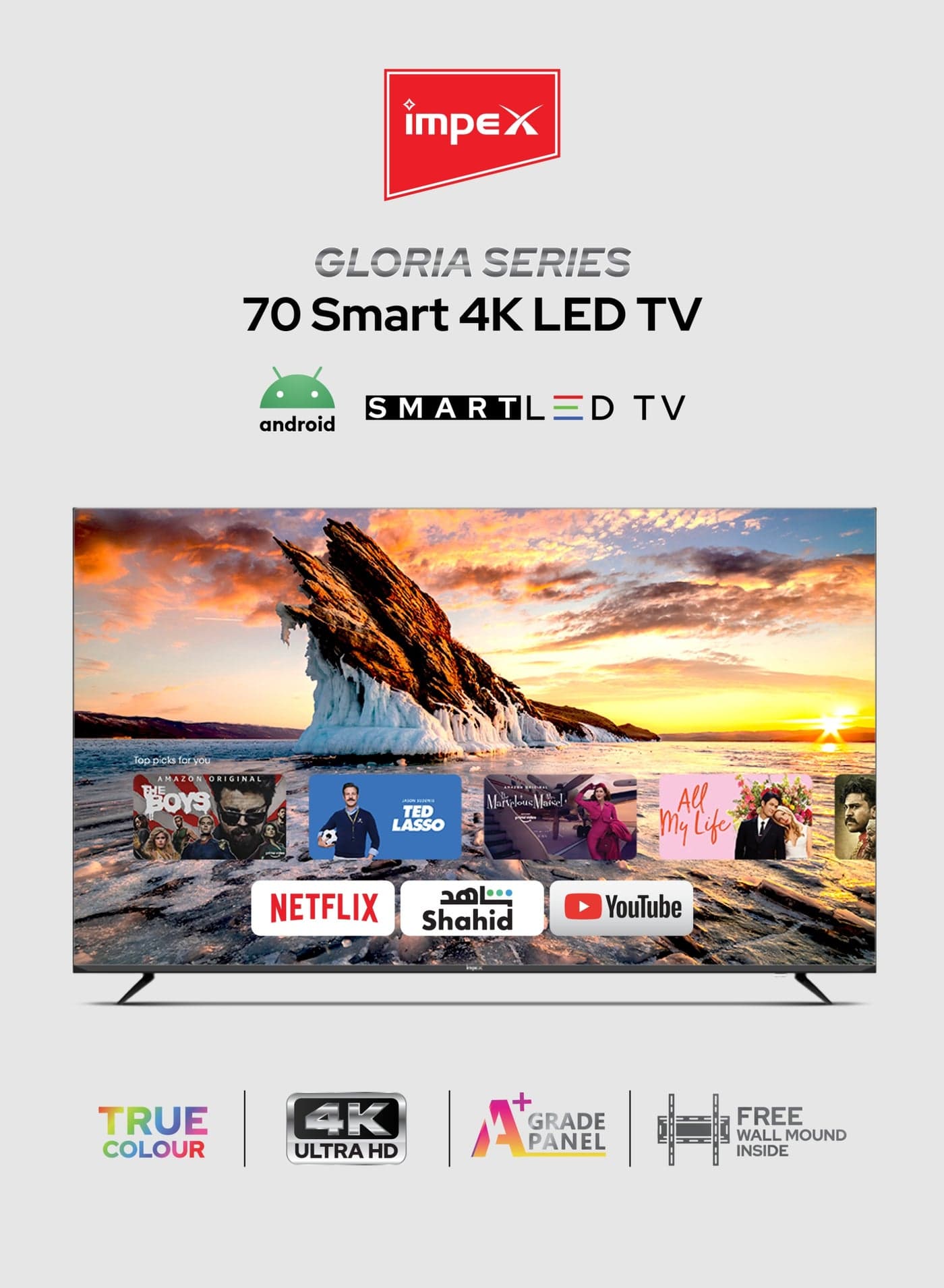 70-Inch 4K Ultra HD Smart LED TV| Frameless Design Television | Quad Core Processor | Movie Film Music and Audio Entertainment , 8GB Storage + 1.5GB RAM | A+ Grade Panel | Dolby-Ready Audio | 3 HDMI & 2 USB | 2 Year Warranty - Gloria 70 Smart, Black Gloria 70 Smart Black