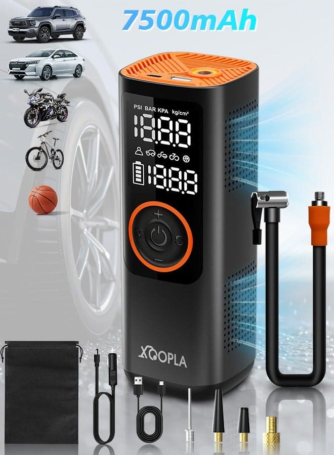 Car Tyre Inflators 150PSI Portable Air Compressor ,Automatically Stop Tire Inflator ,Car Air Pump with Digital LCD Display And Emergency lighting 5 Modes Electric Pump for Car Bike Ball Motorcycle,7500mAh Battery and Power Bank Function
